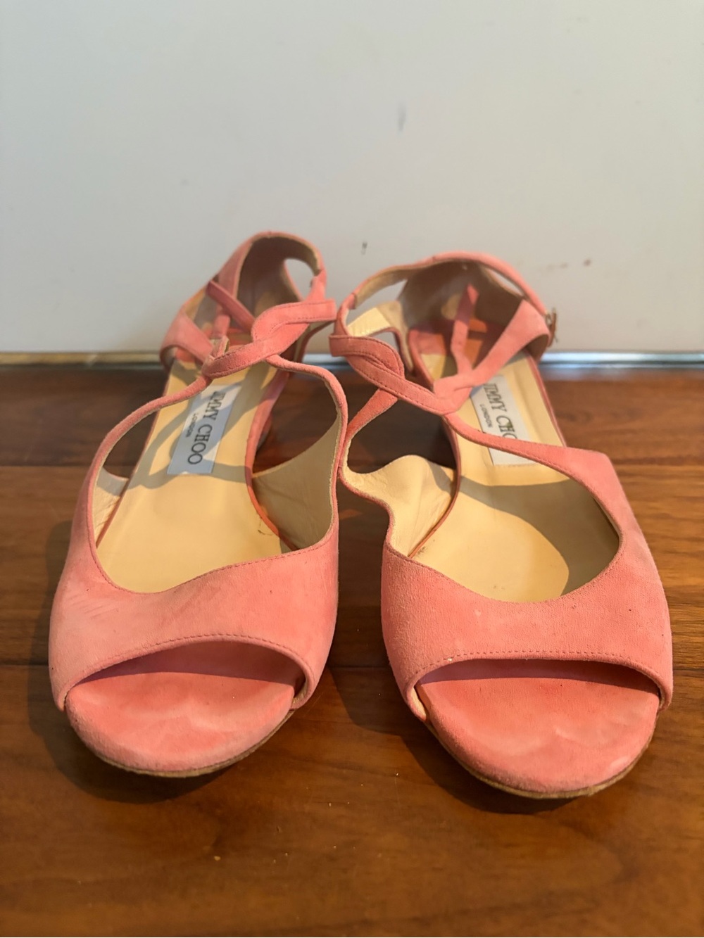 Jimmy Choo Coral-Pink Suede Open-Toe Ankle-Strap Sandals